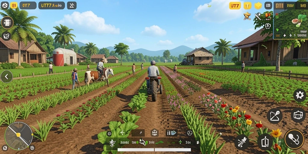Screenshot gameplay UT77 yang menampilkan kebun yang subur dan penuh warna.